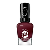 Sally Hansen Miracle Gel Supercharged Bold Glam nail polish bottle in Downtown Rush 490, a deep wine creme shade