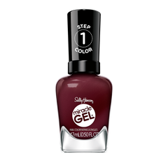 Sally Hansen Miracle Gel Supercharged Bold Glam nail polish bottle in Downtown Rush 490, a deep wine creme shade