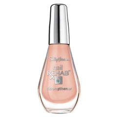 Sally Hansen Nail Rehab™ strengthening treatment in a clear bottle with a silver cap.