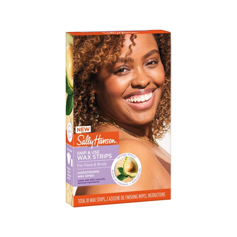 Sally Hansen Snip & Use Wax Strips packaging featuring a smiling model with curly hair. Total 10 wax strips, 2 azulene oil finishing wipes, instructions.