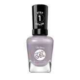 Sally Hansen Miracle Gel in Foget Me Not, a soft lavender nail polish in a clear bottle with a black cap.