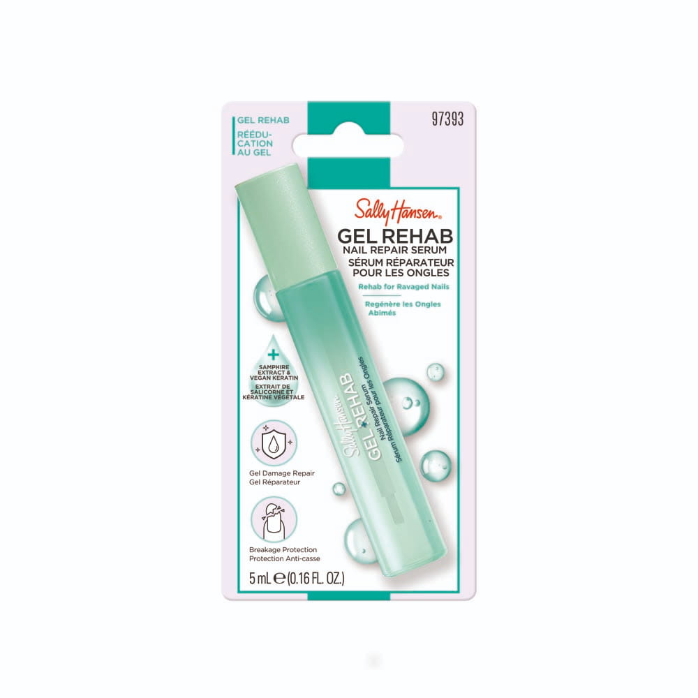 Sally Hansen Gel Rehab Nail Repair Serum bottle with a mint green cap and packaging featuring product details.