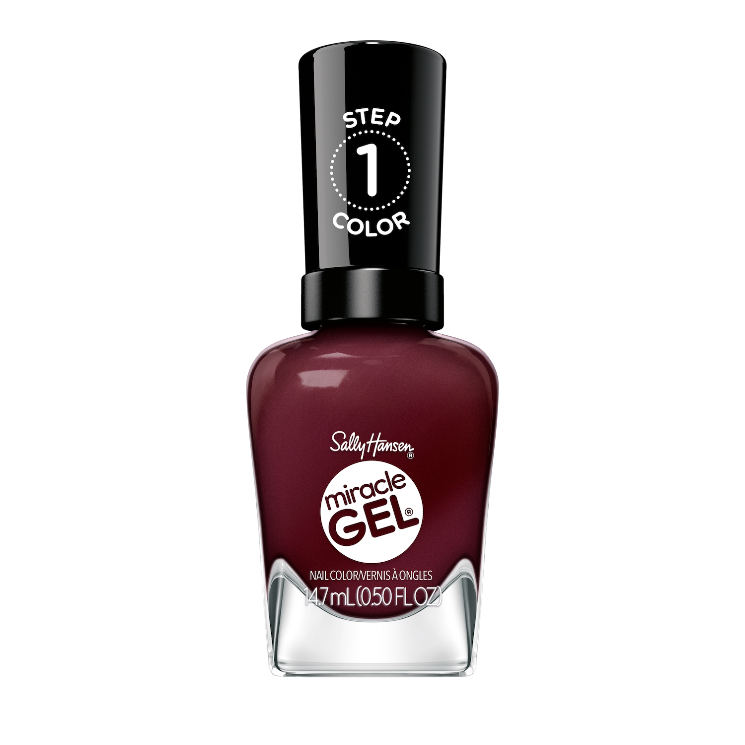 Sally Hansen Miracle Gel Supercharged Bold Glam nail polish bottle in Downtown Rush 490, a deep wine creme shade