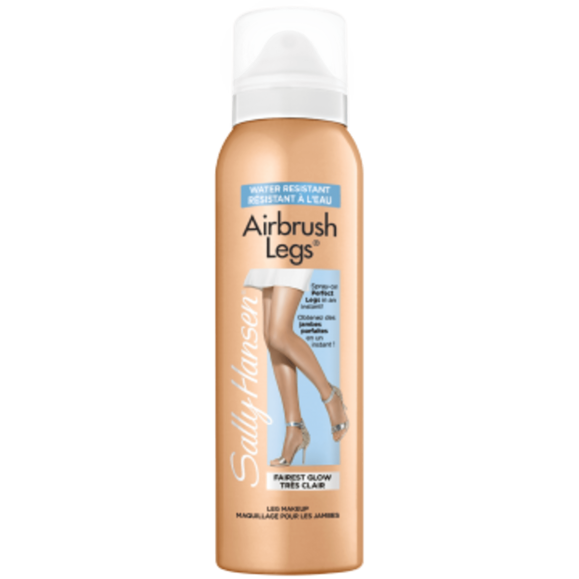 Sally Hansen Airbrush Legs® spray bottle with a tan shade and water-resistant label.