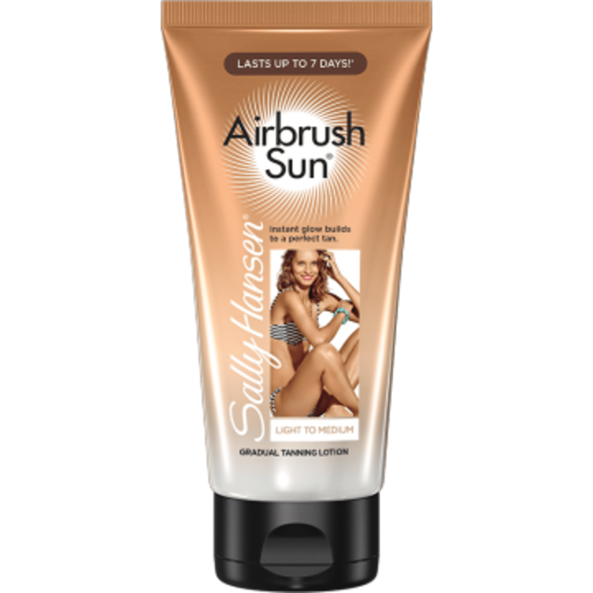 Sally Hansen Airbrush Sun® gradual tanning lotion in Light to Medium with a model applying it.
