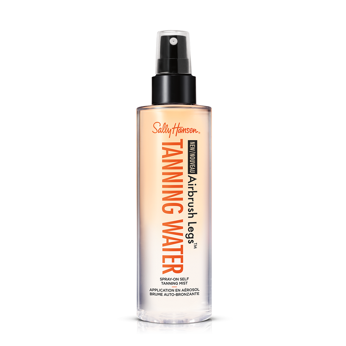 Sally Hansen Airbrush Tanning Water spray bottle with a clear design and a gradient from orange to clear.