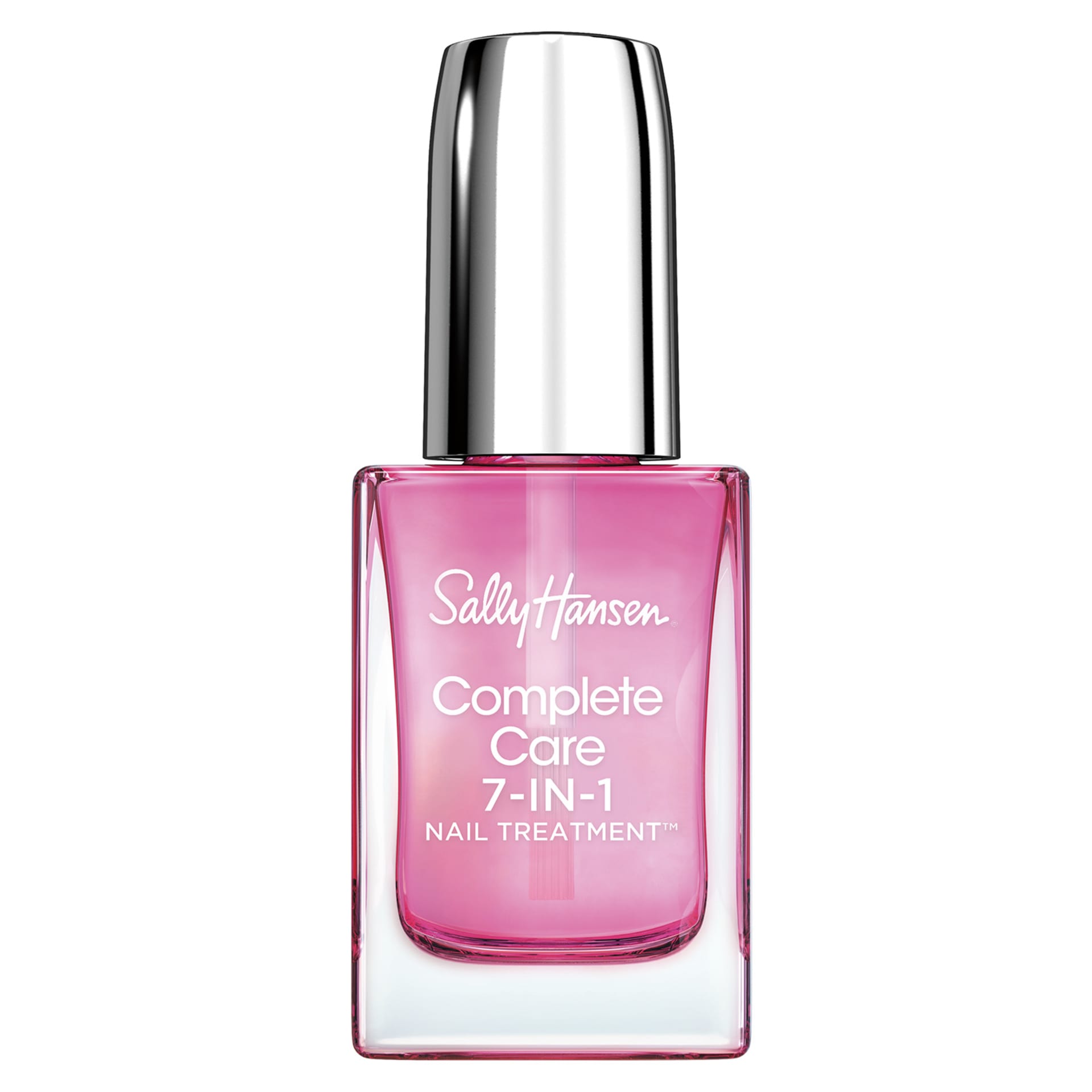 Sally Hansen Complete Care 7-in-1 Nail Treatment™ in a clear bottle with a silver cap and pink liquid.