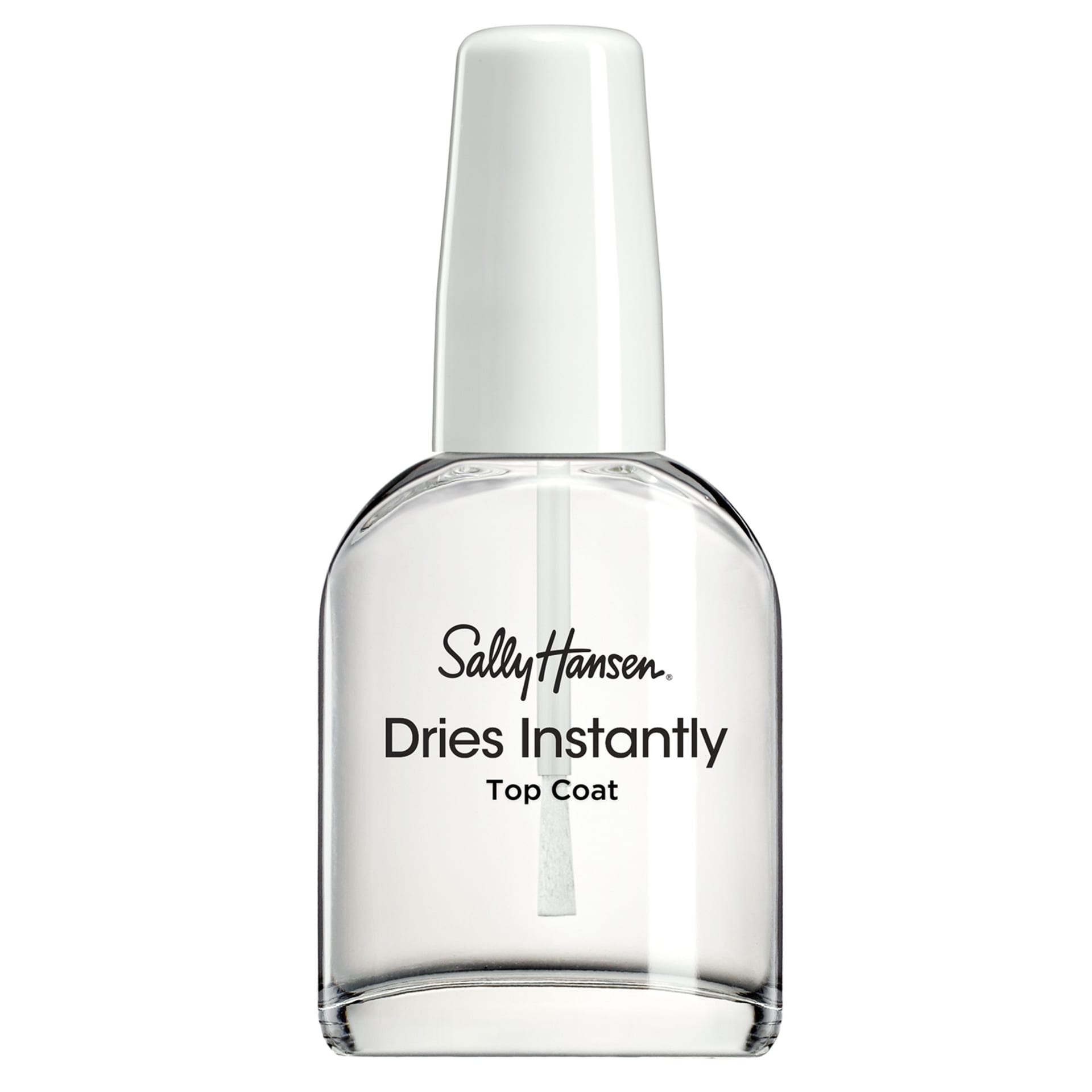 Sally Hansen Dries Instantly Top Coat bottle with a clear formula and white cap.