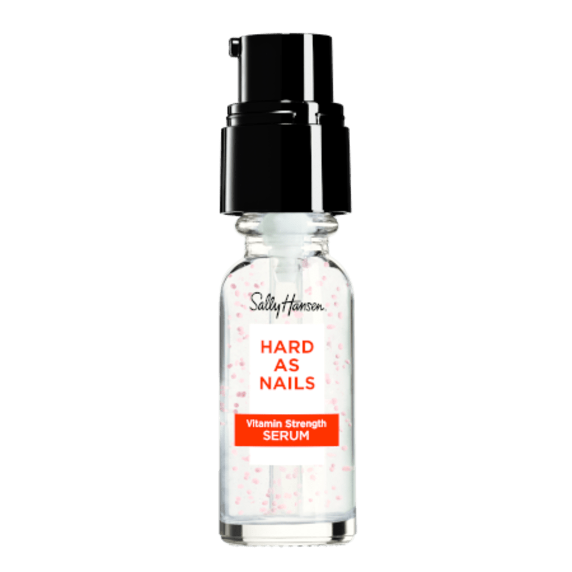 Sally Hansen Hard as Nails Vitamin Strength Serum in a clear bottle with a black pump and red label.