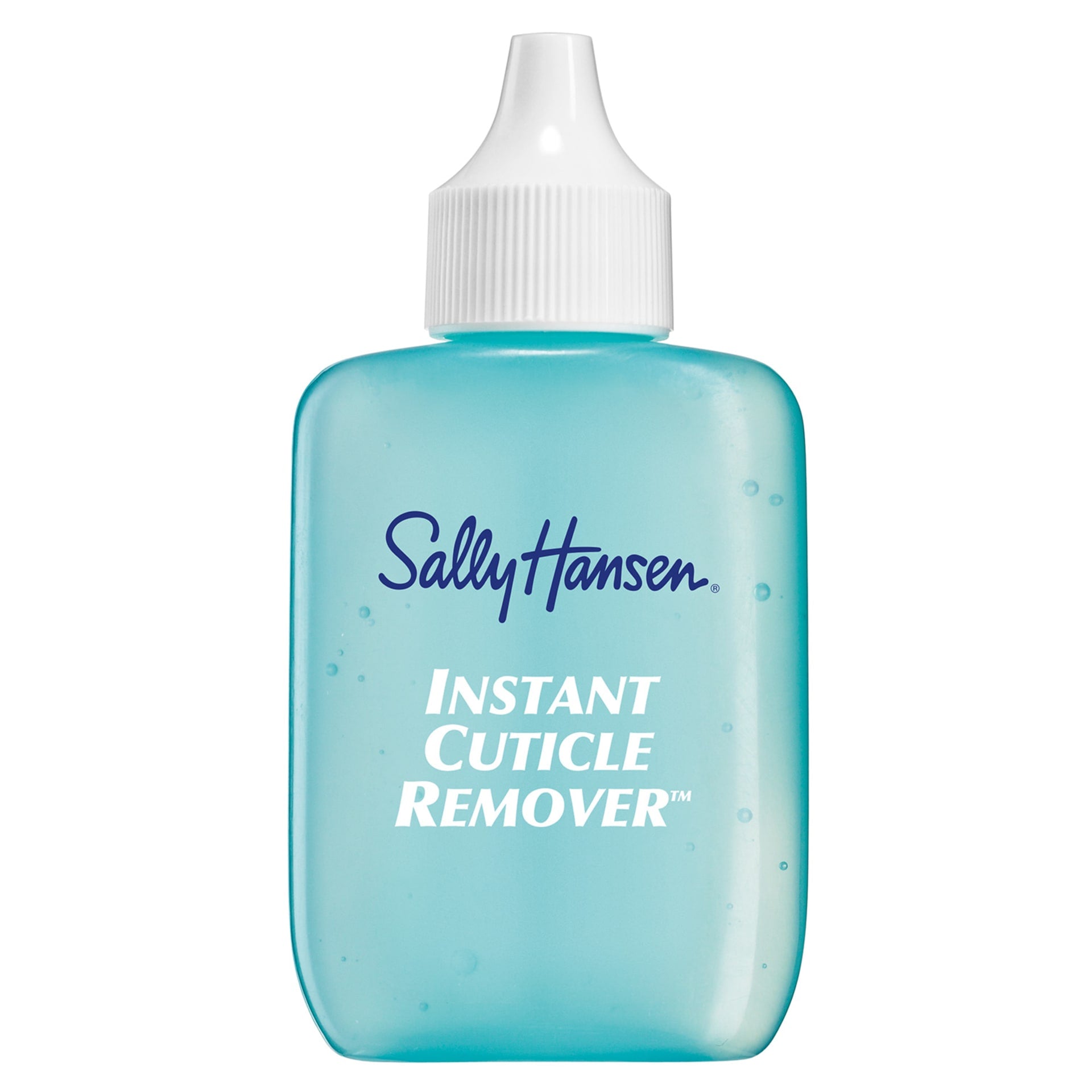 Sally Hansen Instant Cuticle Remover™ bottle with a blue liquid and white cap.