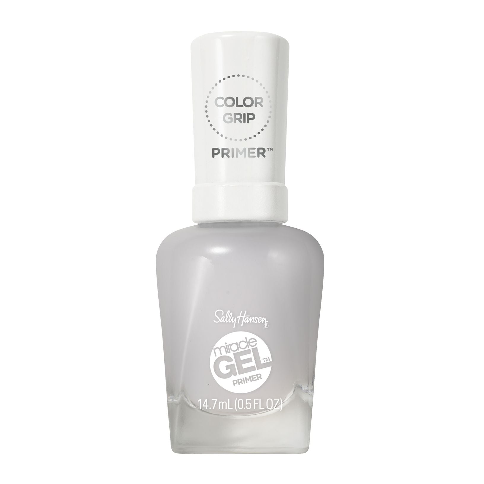 Sally Hansen Miracle Gel Color Grip Primer bottle with a frosted gray finish and white cap.