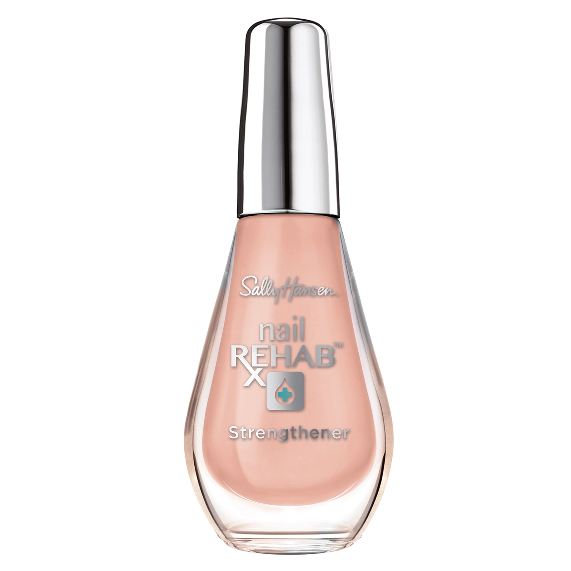 Sally Hansen Nail Rehab™ strengthening treatment in a clear bottle with a silver cap.