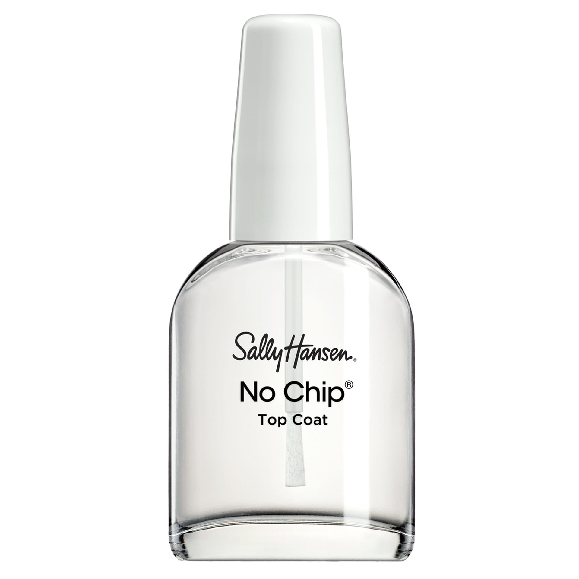 Sally Hansen No Chip Top Coat bottle with a clear formula and white cap.