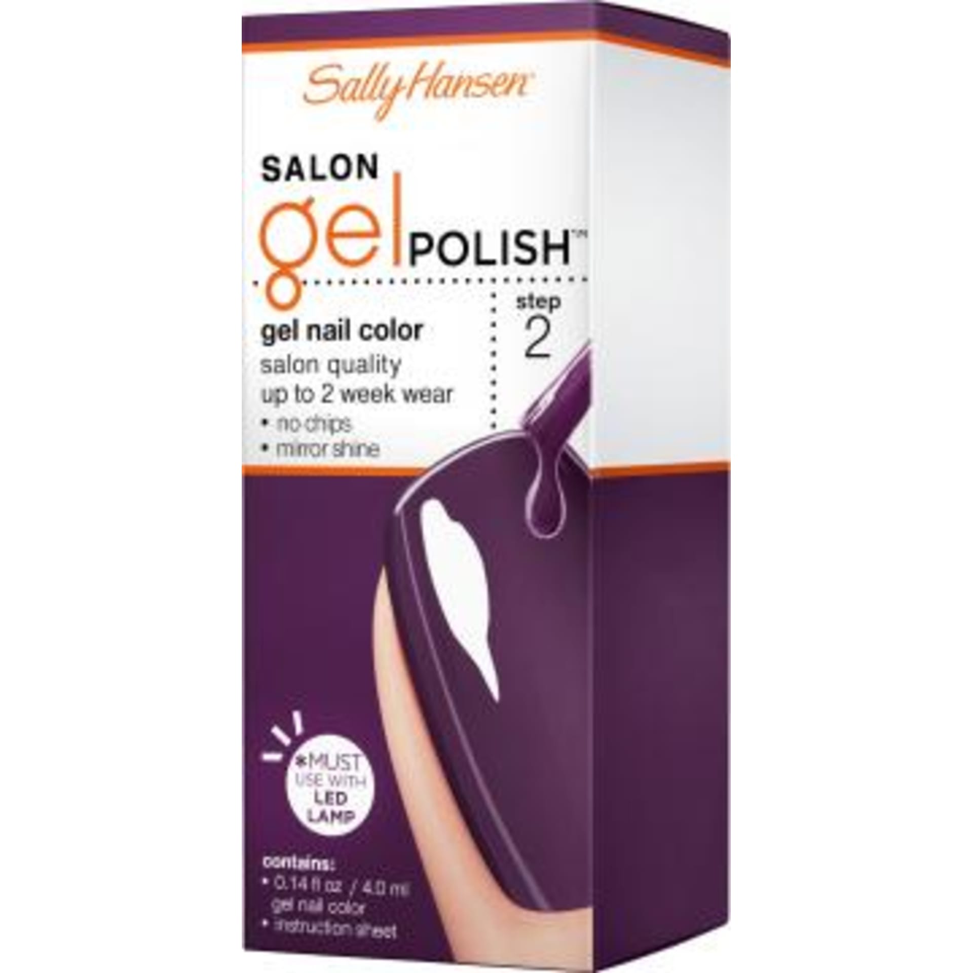Sally Hansen Salon Gel Polish in a deep purple shade, featuring a glossy finish and a brush applicator.