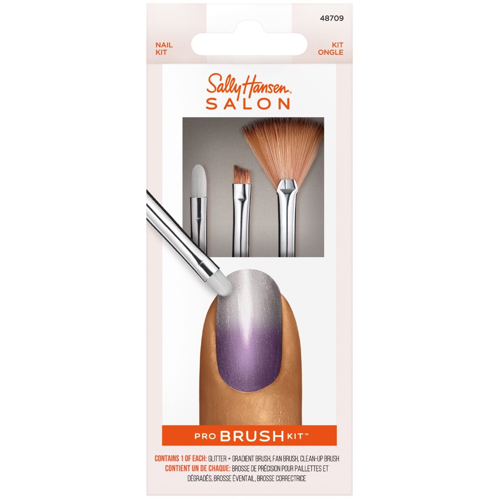Sally Hansen Salon Pro Brush Kit with three brushes for nail application. Contains 1 detailer, 1 fan, and 1 gel brush.