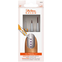Sally Hansen Salon Pro Tool Kit with detail brushes and a nail design featuring purple dots on a silver background.