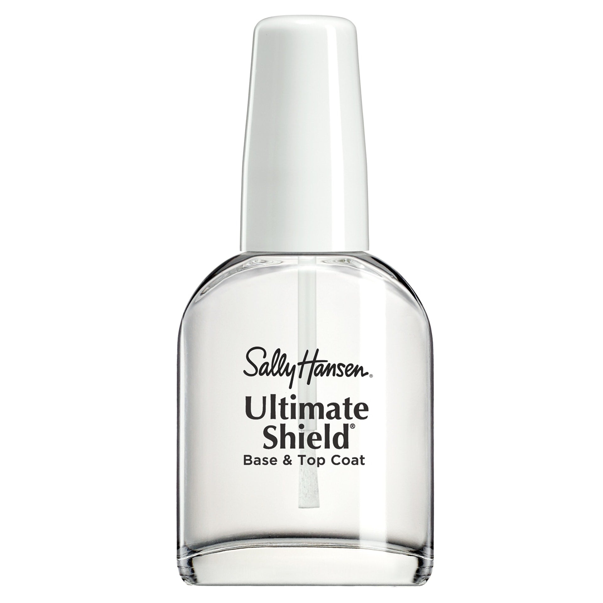 Sally Hansen Ultimate Shield Base & Top Coat™ bottle with a clear design and white cap.