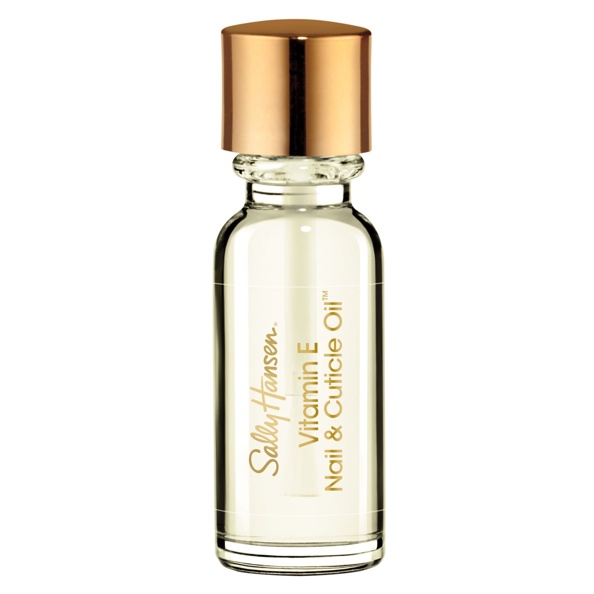 Sally Hansen Vitamin E Nail & Cuticle Oil bottle with a gold cap.