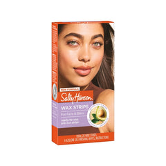 Sally Hansen Wax Strips for Face and Bikini packaging with a model showing smooth skin. Ready-to-use, pre-cut strips.