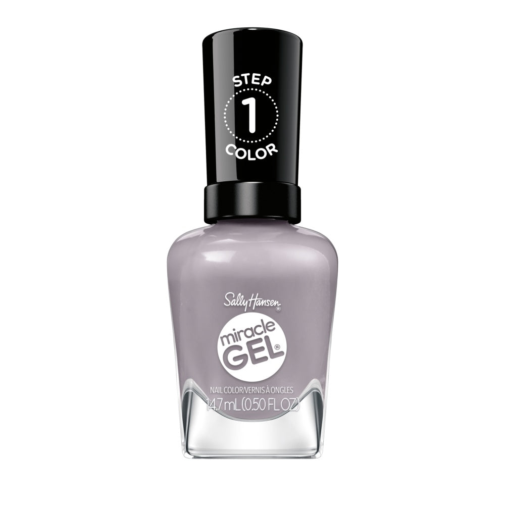 Sally Hansen Miracle Gel in Foget Me Not, a soft lavender nail polish in a clear bottle with a black cap.