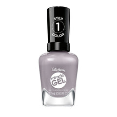 Sally Hansen Miracle Gel in Foget Me Not, a soft lavender nail polish in a clear bottle with a black cap.