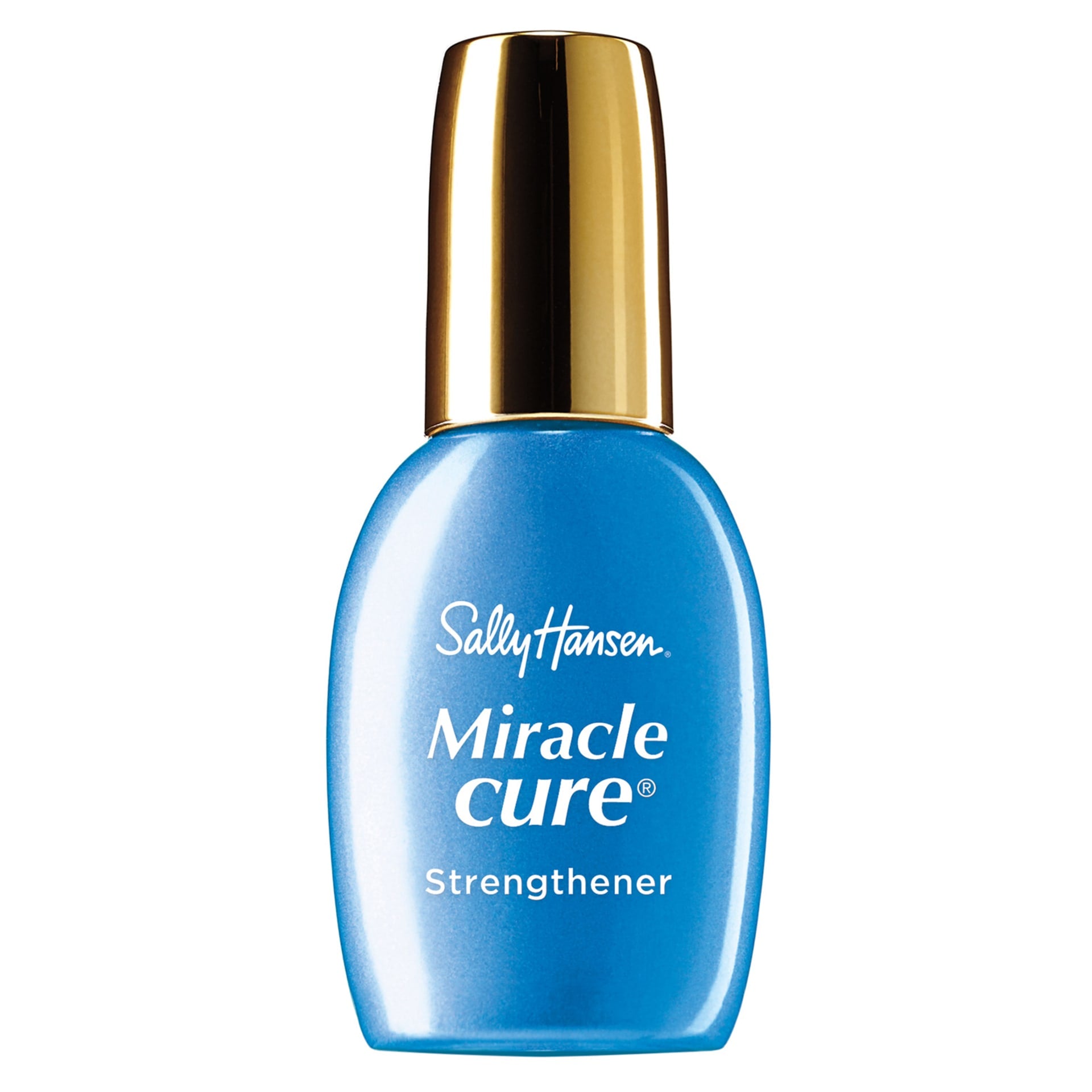 Sally Hansen Miracle Cure Strengthener bottle with a blue design and gold cap.